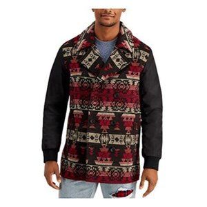 Sun Stone Mens Coat Small Pea-Coat Jacket Tribal Geomatric Print Red Size S